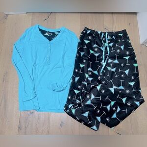 NWOT cozy pajama set with fleece bottoms and martini print. Size Small